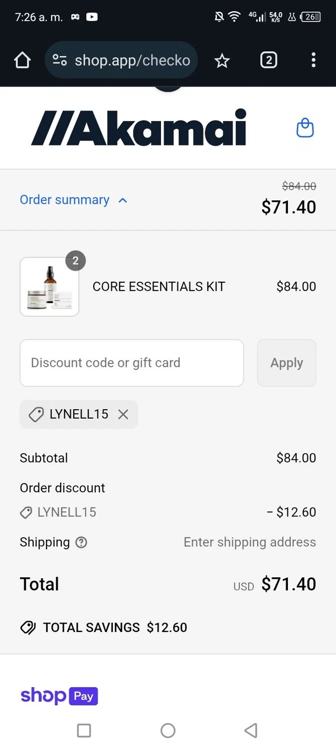 Akamai Basics discount code screenshot showing code Lynell15 applied at Akamai Basics checkout page. Uploaded by SimplyCodes community member Junniorduno on May 24, 2025
