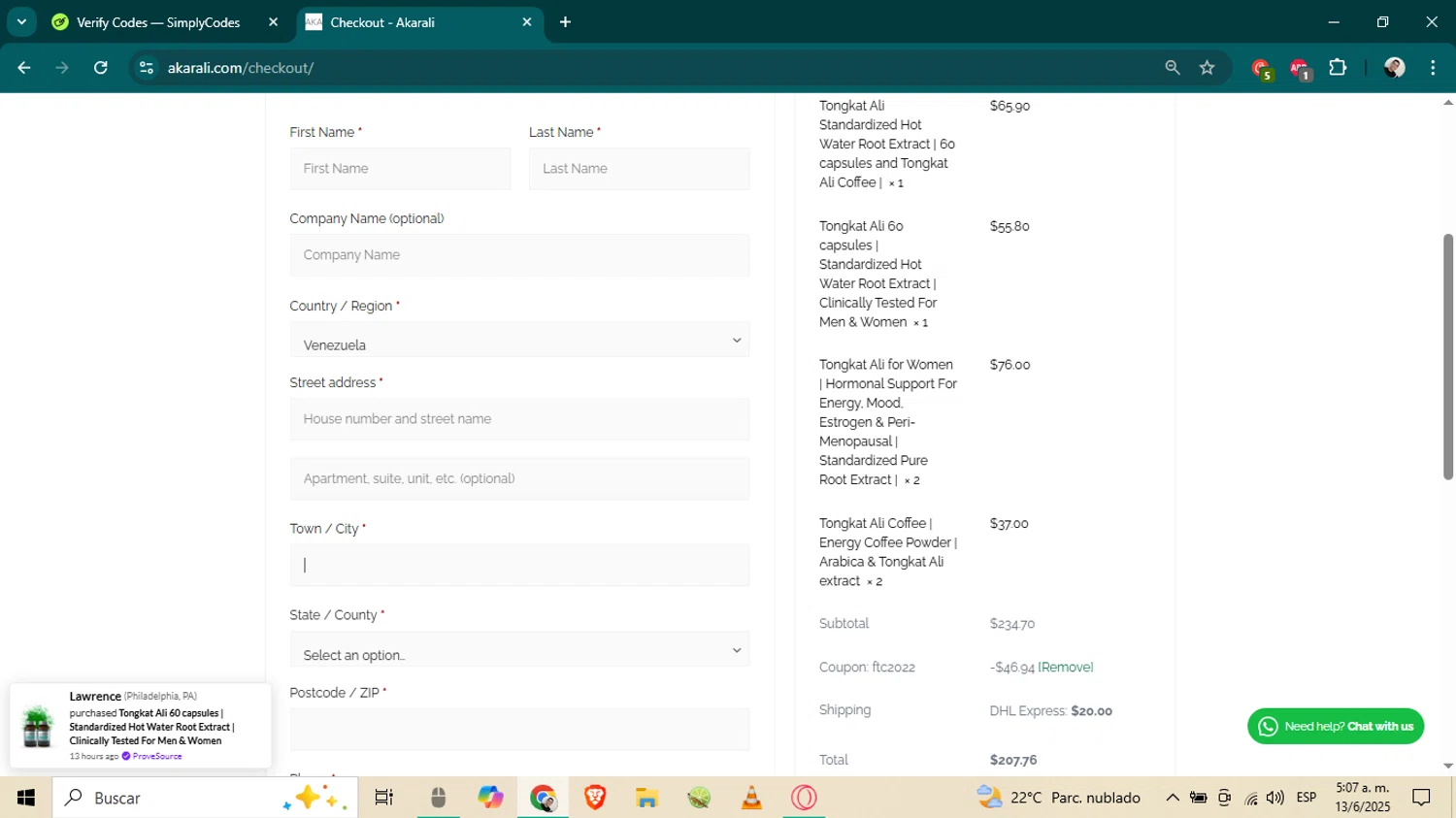 Akarali coupon code screenshot showing code FTC2022 applied at Akarali checkout page. Uploaded by SimplyCodes community member ArtemixX13 on Jun 13, 2025