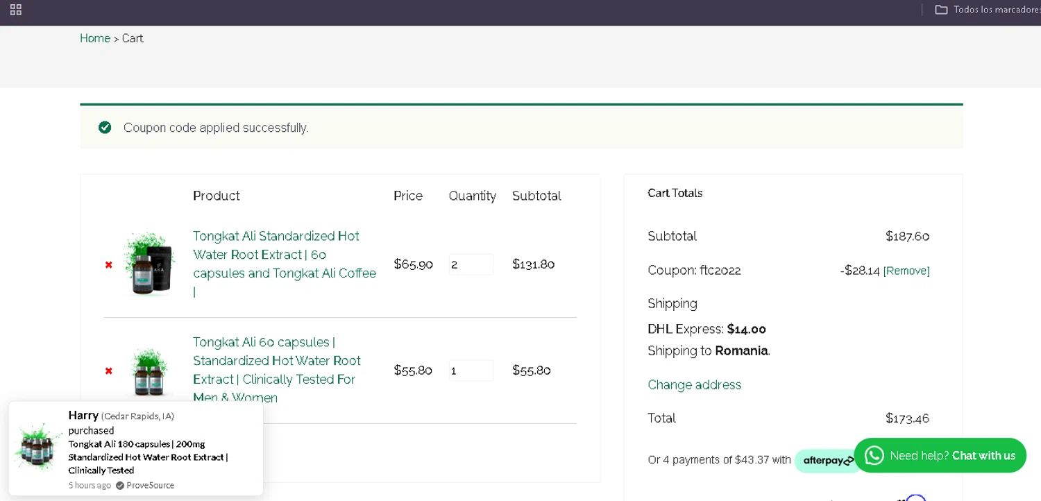 Akarali coupon code screenshot showing code FTC2022 applied at Akarali checkout page. Uploaded by SimplyCodes community member Egni_149037891 on Dec 20, 2025