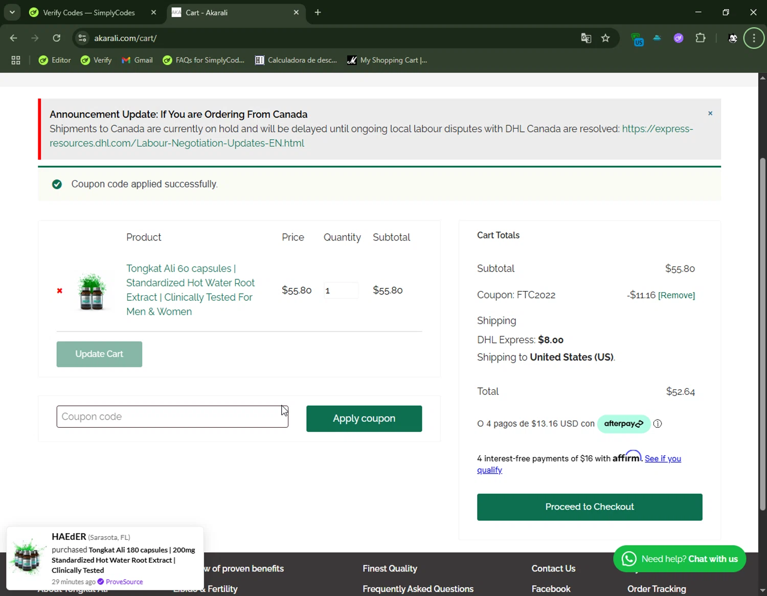 Akarali coupon code screenshot showing code FTC2022 applied at Akarali checkout page. Uploaded by SimplyCodes community member FelixelGato on Jun 20, 2025