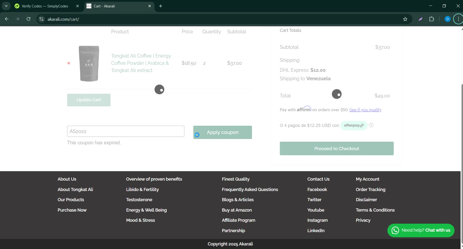 Akarali coupon code screenshot showing code AS2022 applied at Akarali checkout page. Uploaded by SimplyCodes community member Bernard_Lowe on Mar 13, 2025