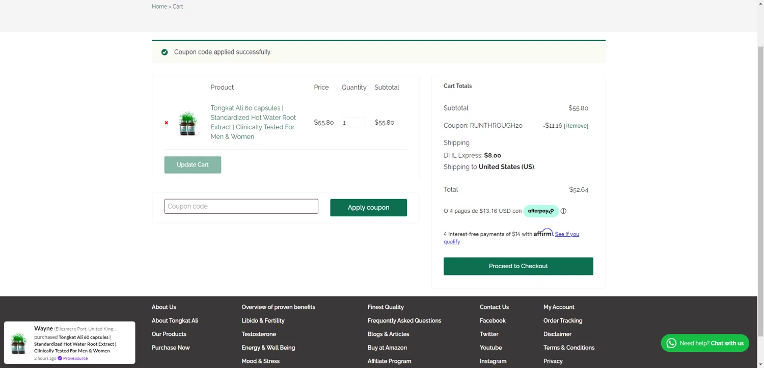 Akarali coupon code screenshot showing code RUNTHROUGH20 applied at Akarali checkout page. Uploaded by SimplyCodes community member DiscountWarden480 on Jul 8, 2025