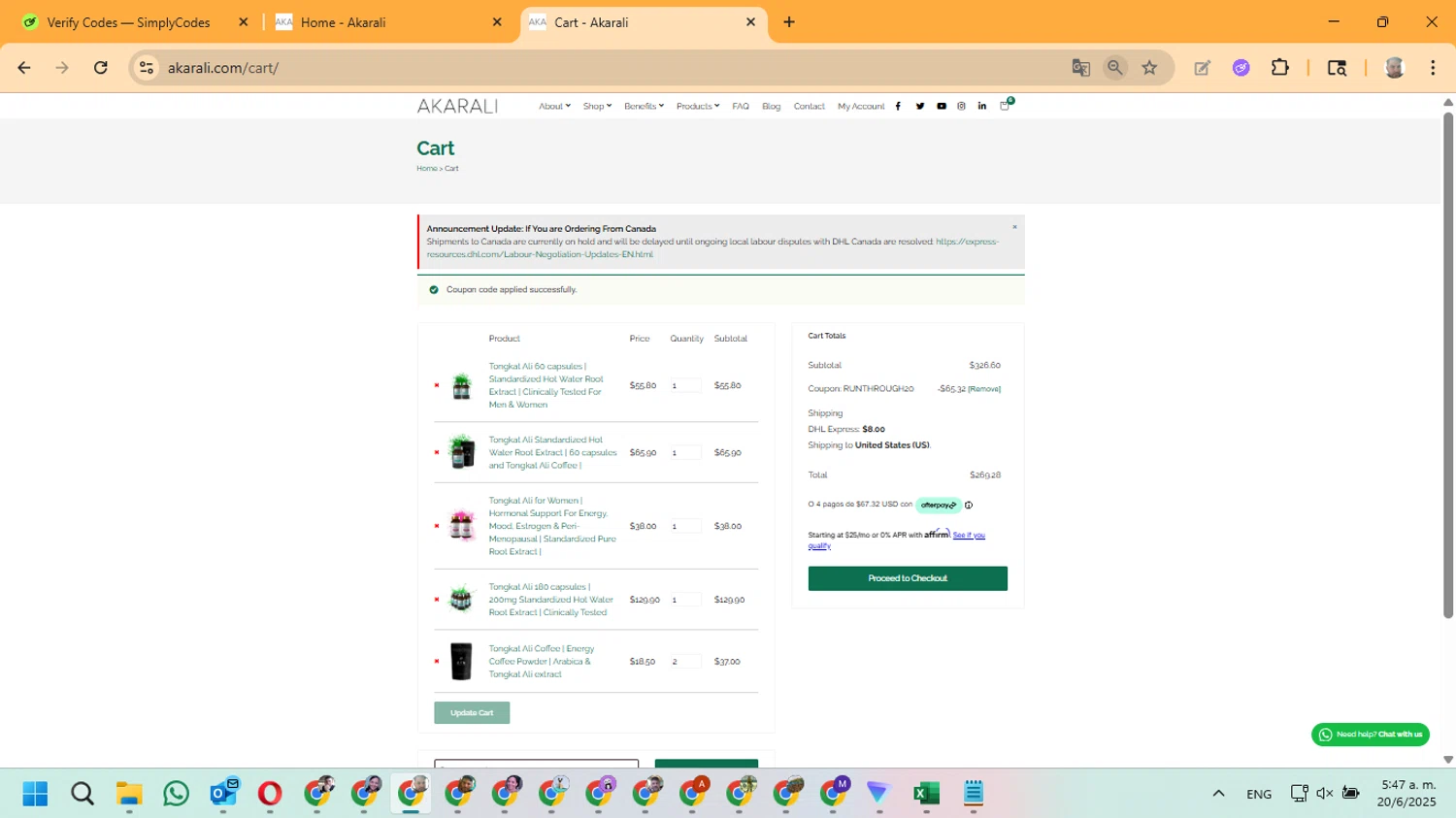 Akarali coupon code screenshot showing code RUNTHROUGH20 applied at Akarali checkout page. Uploaded by SimplyCodes community member ManuelF on Jun 20, 2025