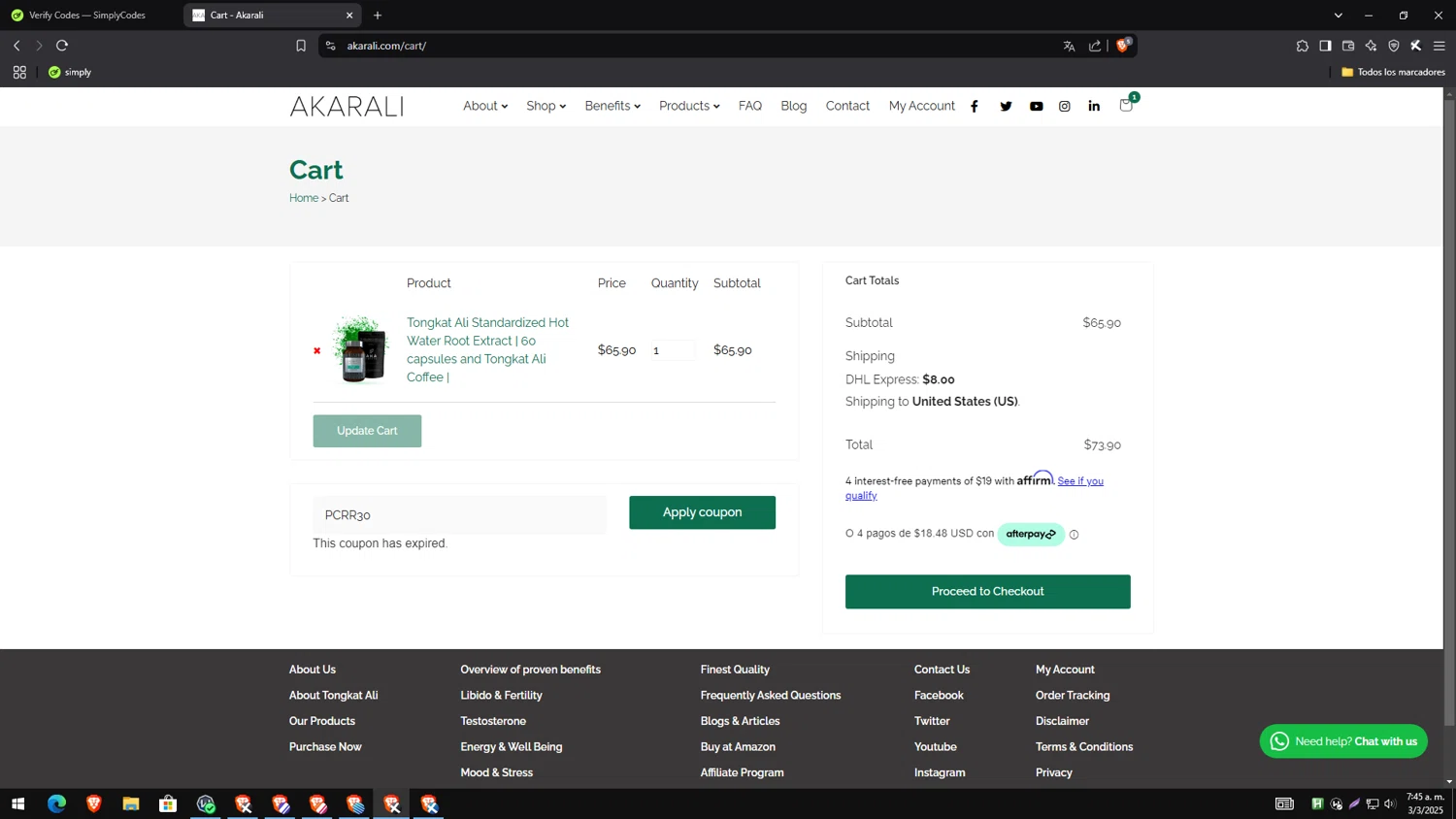 Akarali coupon code screenshot showing code PCRR30 applied at Akarali checkout page. Uploaded by SimplyCodes community member TreasureEagle7585 on Mar 3, 2025
