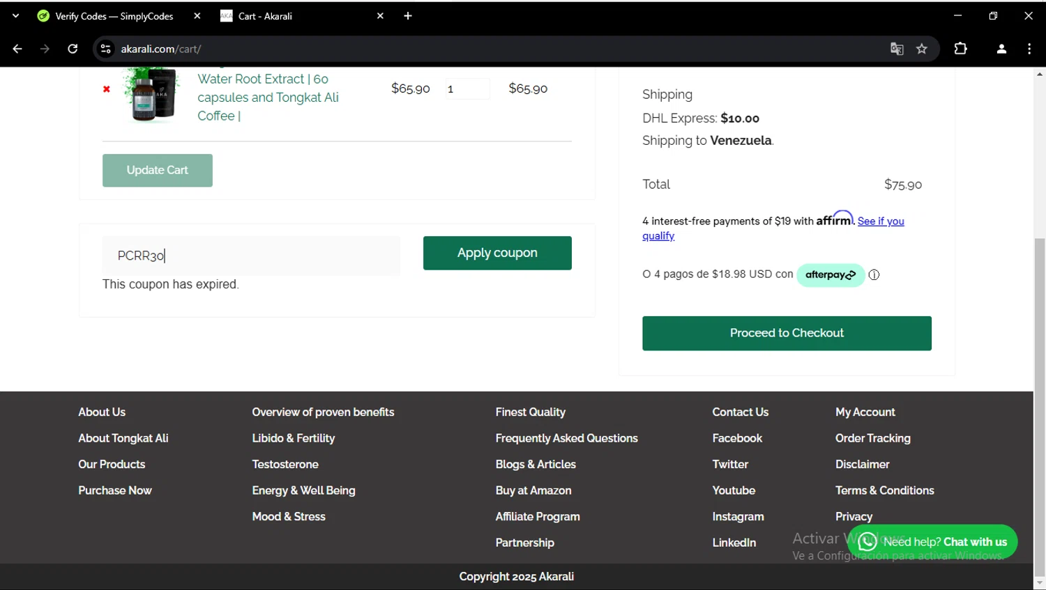Akarali coupon code screenshot showing code PCRR30 applied at Akarali checkout page. Uploaded by SimplyCodes community member jeromartin on Mar 3, 2025