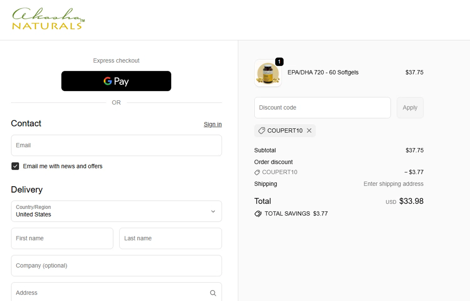 Akasha Center promo code screenshot showing code COUPERT10 applied at Akasha Center checkout page. Uploaded by SimplyCodes community member Dejadepicharme on Oct 27, 2025