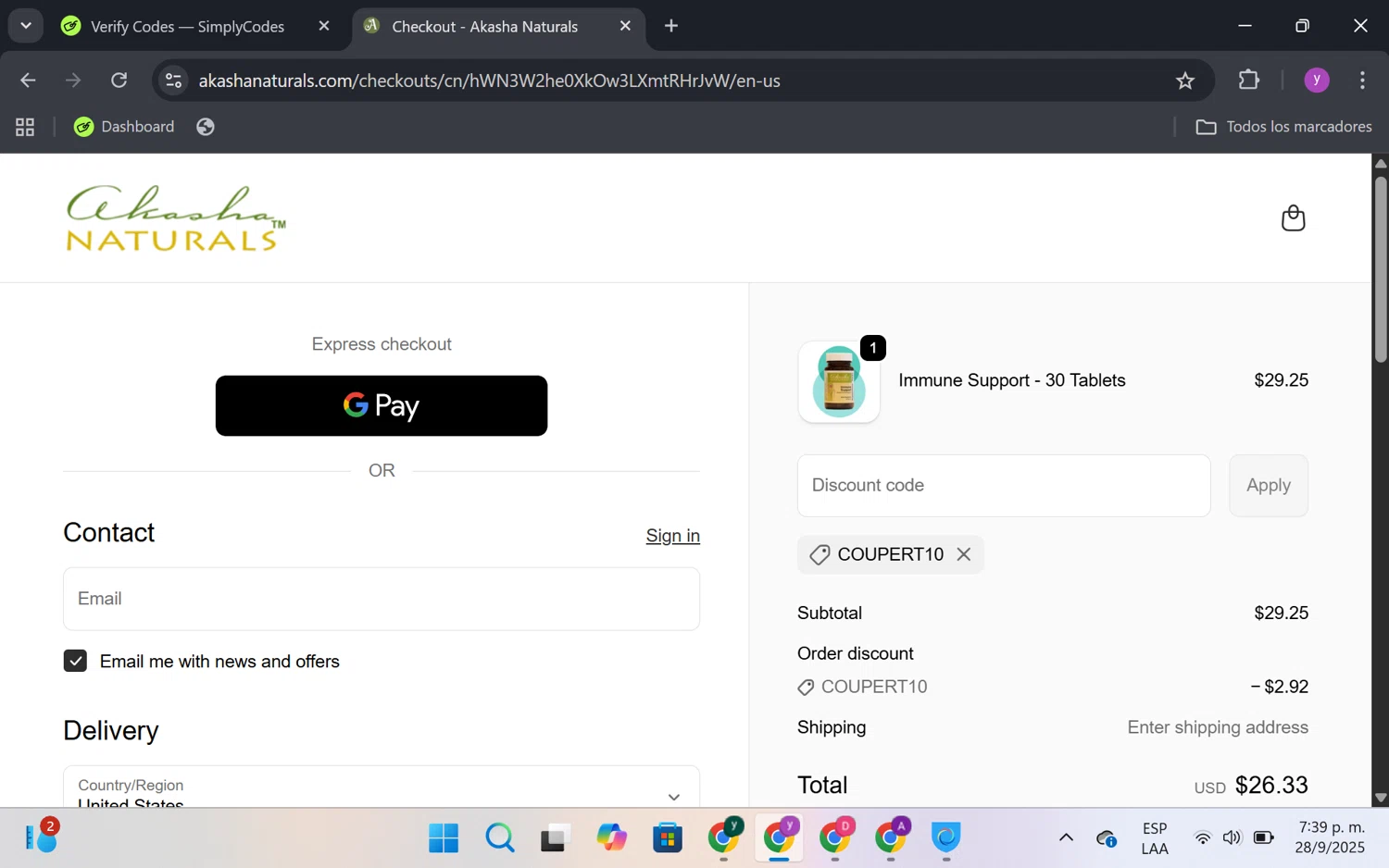 Akasha Center promo code screenshot showing code COUPERT10 applied at Akasha Center checkout page. Uploaded by SimplyCodes community member FrugalKnight6753 on Sep 28, 2025