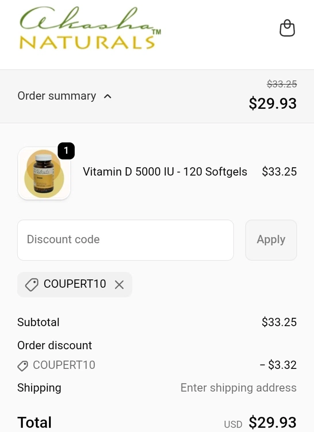 Akasha Center promo code screenshot showing code COUPERT10 applied at Akasha Center checkout page. Uploaded by SimplyCodes community member ValiantCurator3344 on Feb 20, 2026