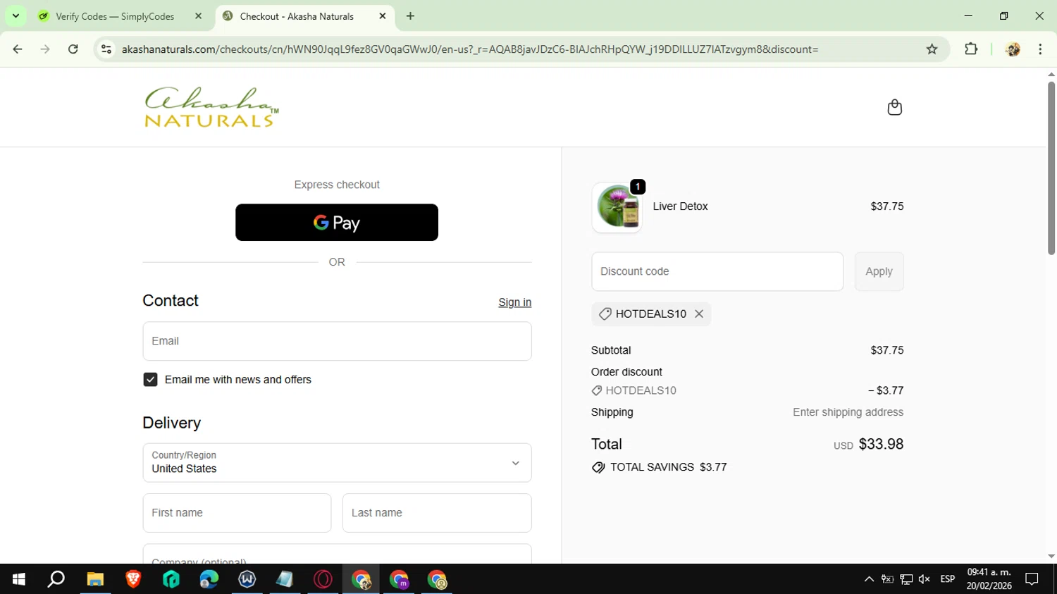 Akasha Center checkout page showing Akasha Center promo code box | Screenshot taken by SimplyCodes community member on Feb 20, 2026