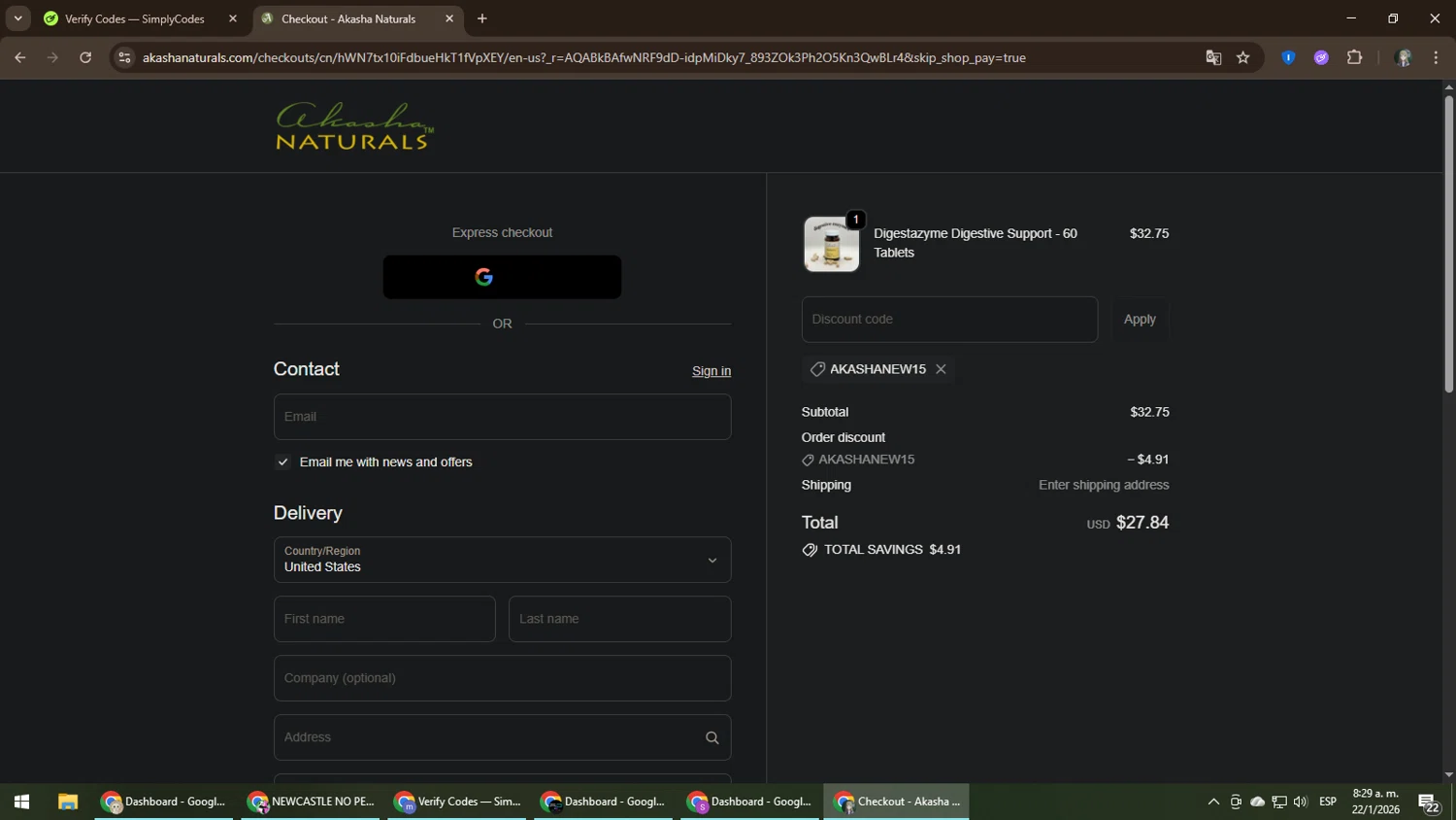 Akasha Center checkout page showing Akasha Center promo code box | Screenshot taken by SimplyCodes community member on Jan 22, 2026