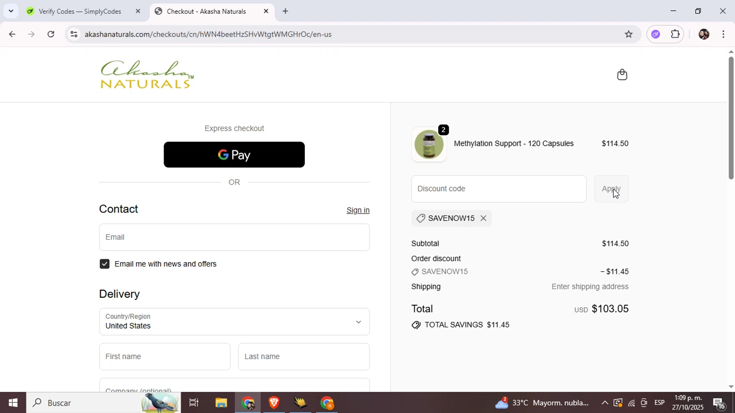 Akasha Center promo code screenshot showing code SAVENOW15 applied at Akasha Center checkout page. Uploaded by SimplyCodes community member Junniorduno on Oct 27, 2025