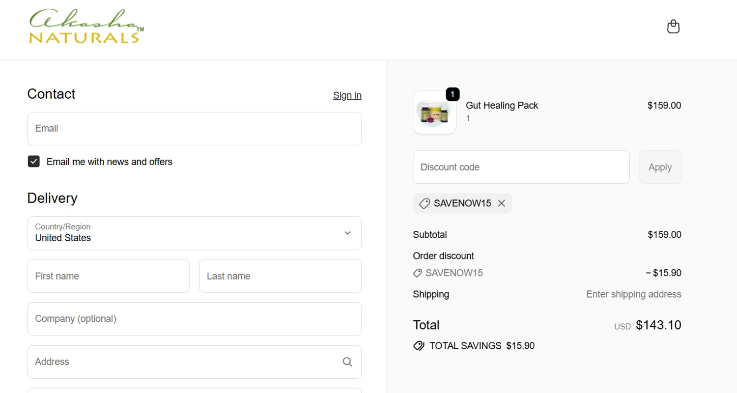 Akasha Center promo code screenshot showing code SAVENOW15 applied at Akasha Center checkout page. Uploaded by SimplyCodes community member onepiece2026 on Sep 28, 2025