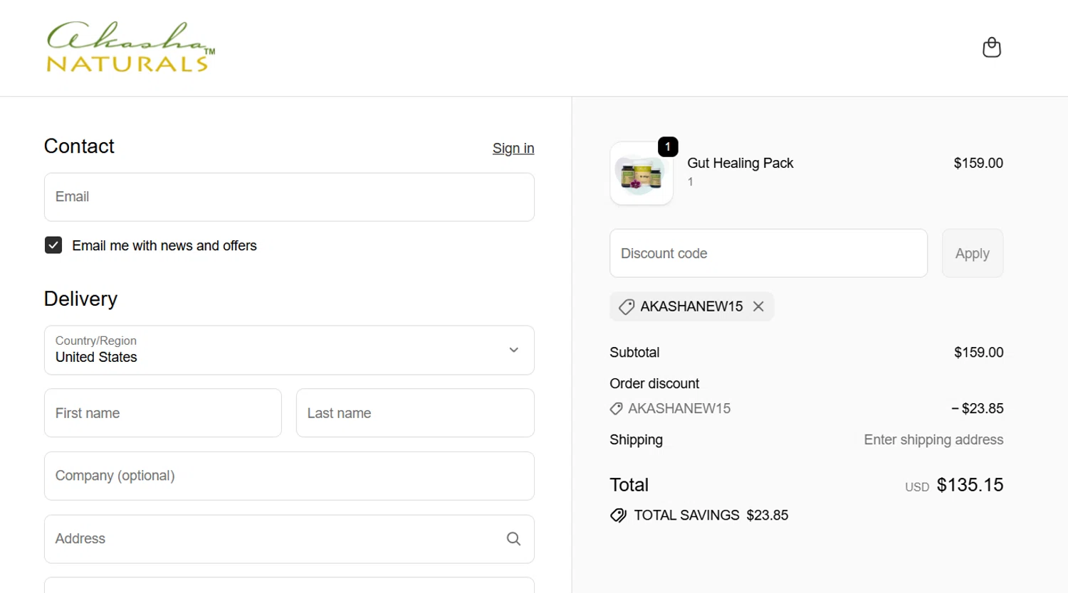 Akasha Center promo code screenshot showing code akashanew15 applied at Akasha Center checkout page. Uploaded by SimplyCodes community member onepiece2026 on Sep 28, 2025