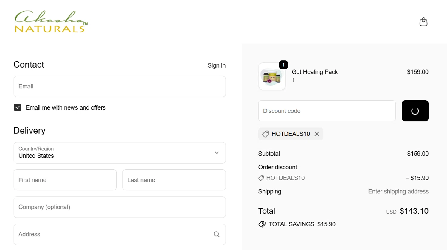 Akasha Center promo code screenshot showing code HOTDEALS10 applied at Akasha Center checkout page. Uploaded by SimplyCodes community member onepiece2026 on Sep 28, 2025