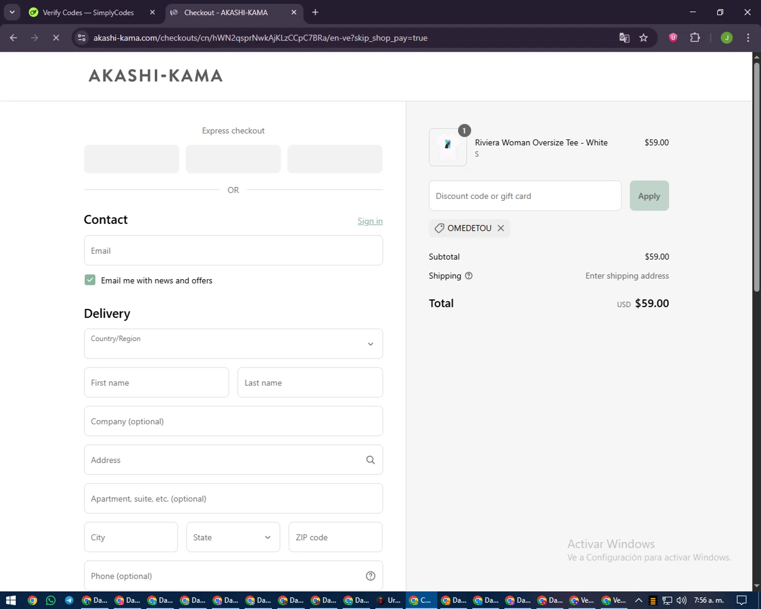 AKASHI-KAMA promo code screenshot showing code Omedetou applied at AKASHI-KAMA checkout page. Uploaded by SimplyCodes community member LilBaby on Sep 11, 2025