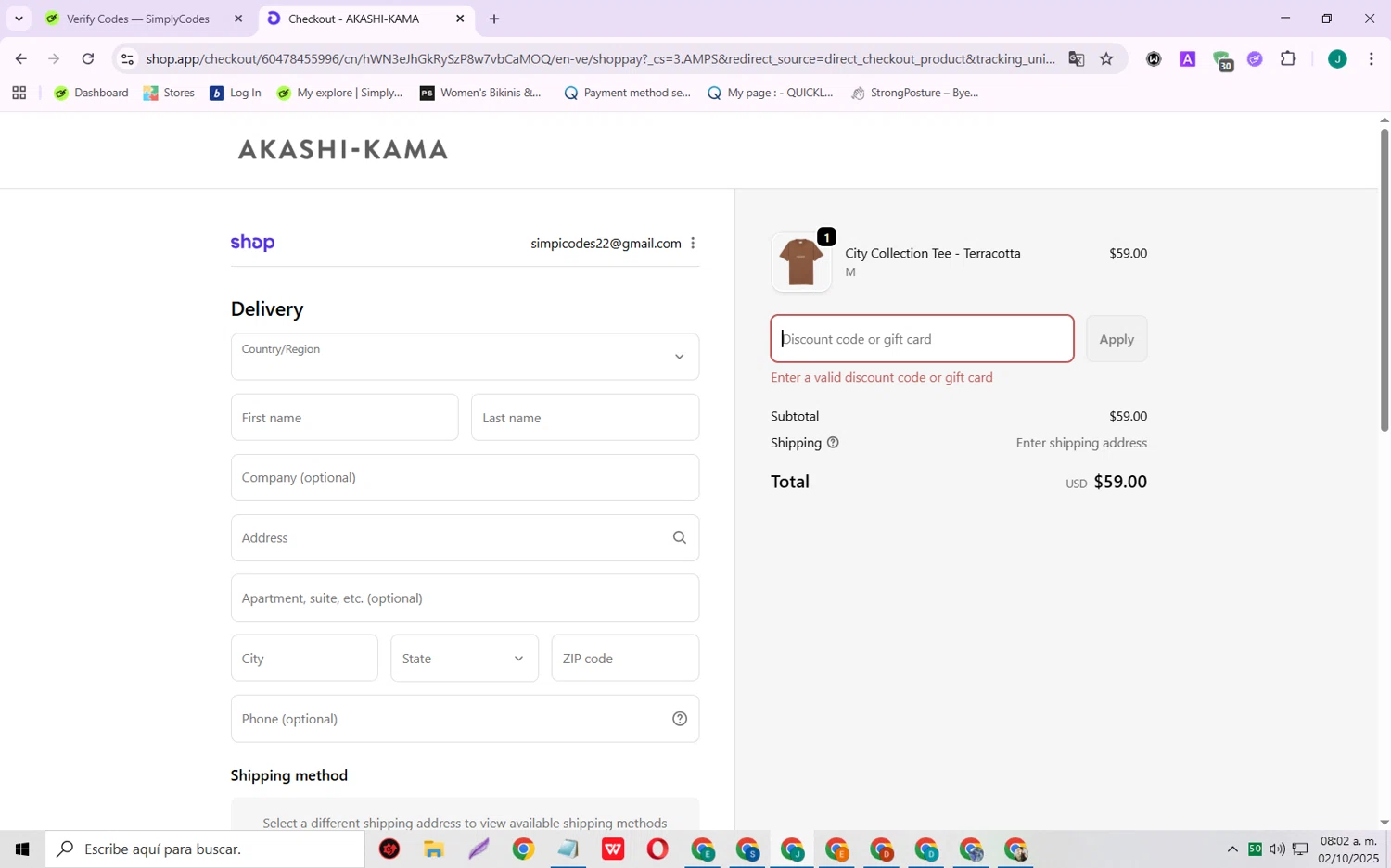 AKASHI-KAMA promo code screenshot showing code TEES-FREESHIP applied at AKASHI-KAMA checkout page. Uploaded by SimplyCodes community member SarayH on Oct 2, 2025