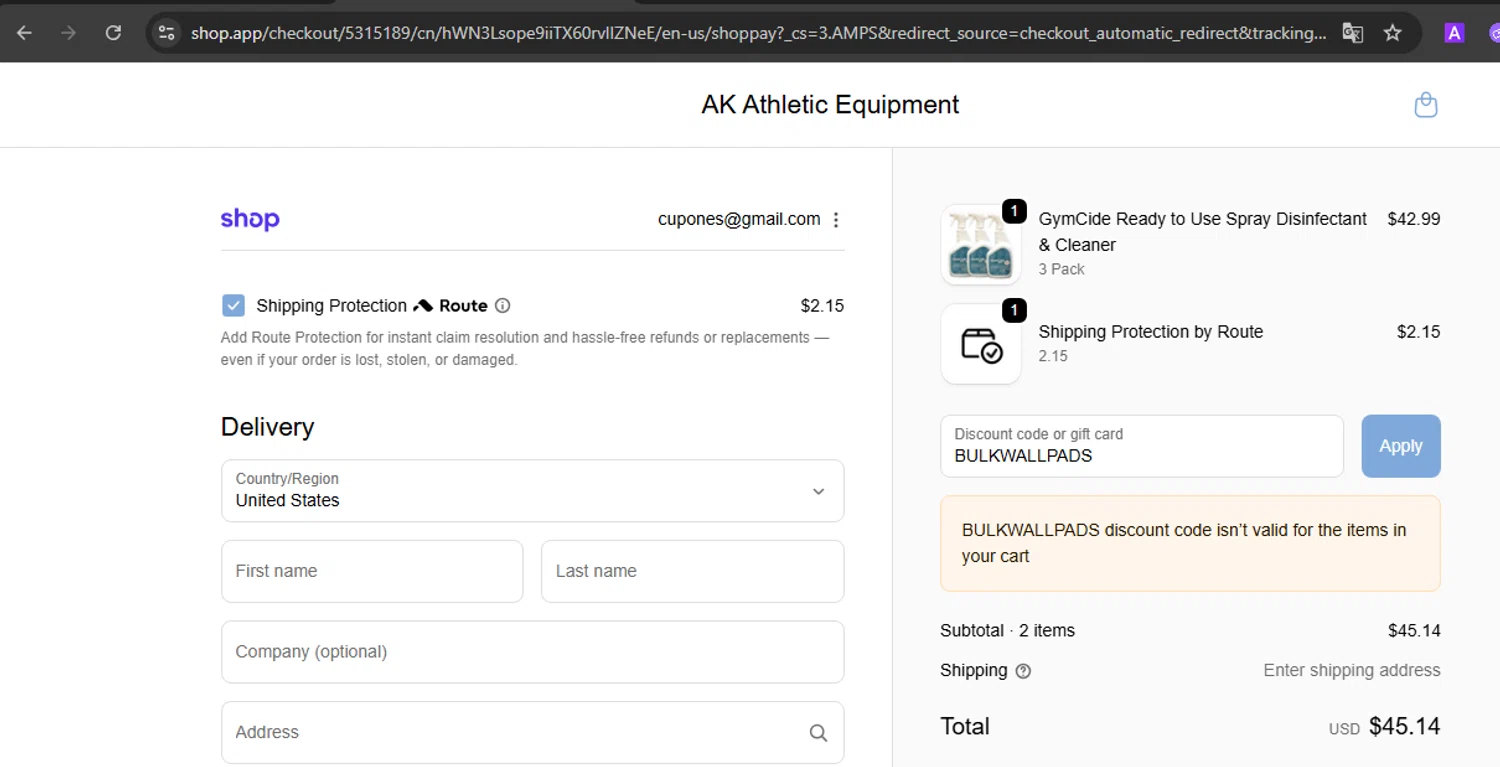 AK Athletic Equipment coupon code screenshot showing code BULKWALLPADS applied at AK Athletic Equipment checkout page. Uploaded by SimplyCodes community member SmartVoyager1455 on Sep 24, 2025
