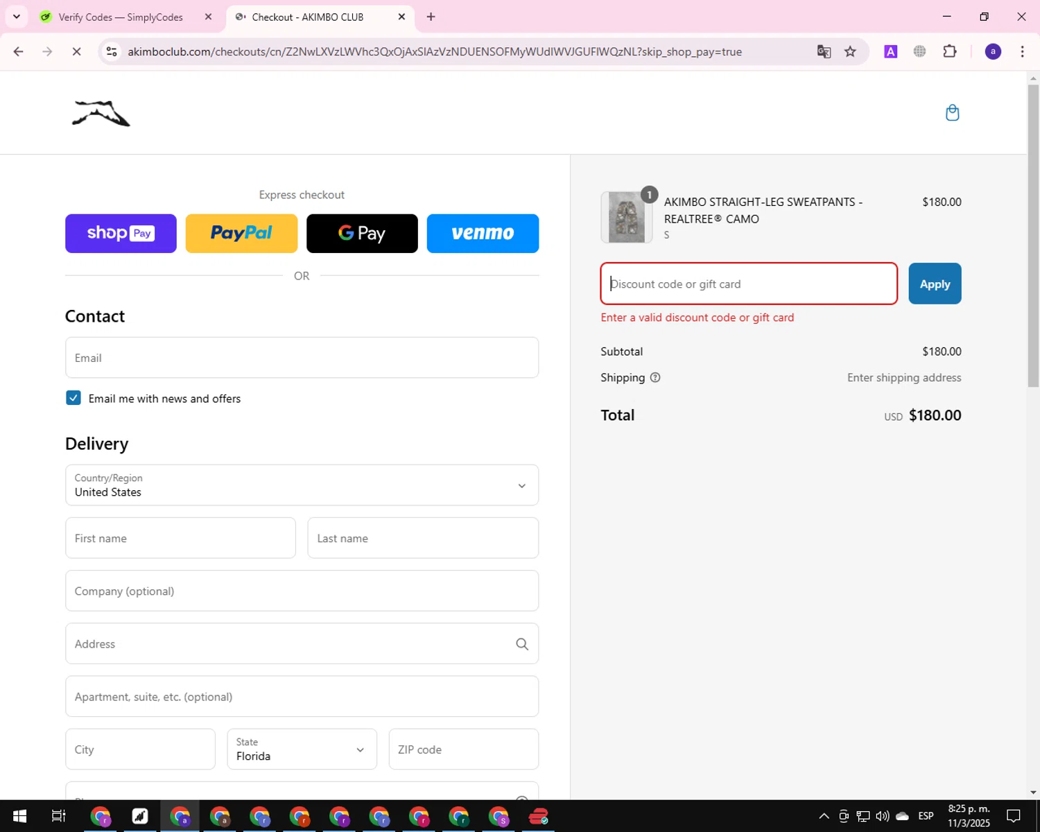 AKIMBO CLUB discount code screenshot showing code love applied at AKIMBO CLUB checkout page. Uploaded by SimplyCodes community member CleverShopper625 on Mar 12, 2025