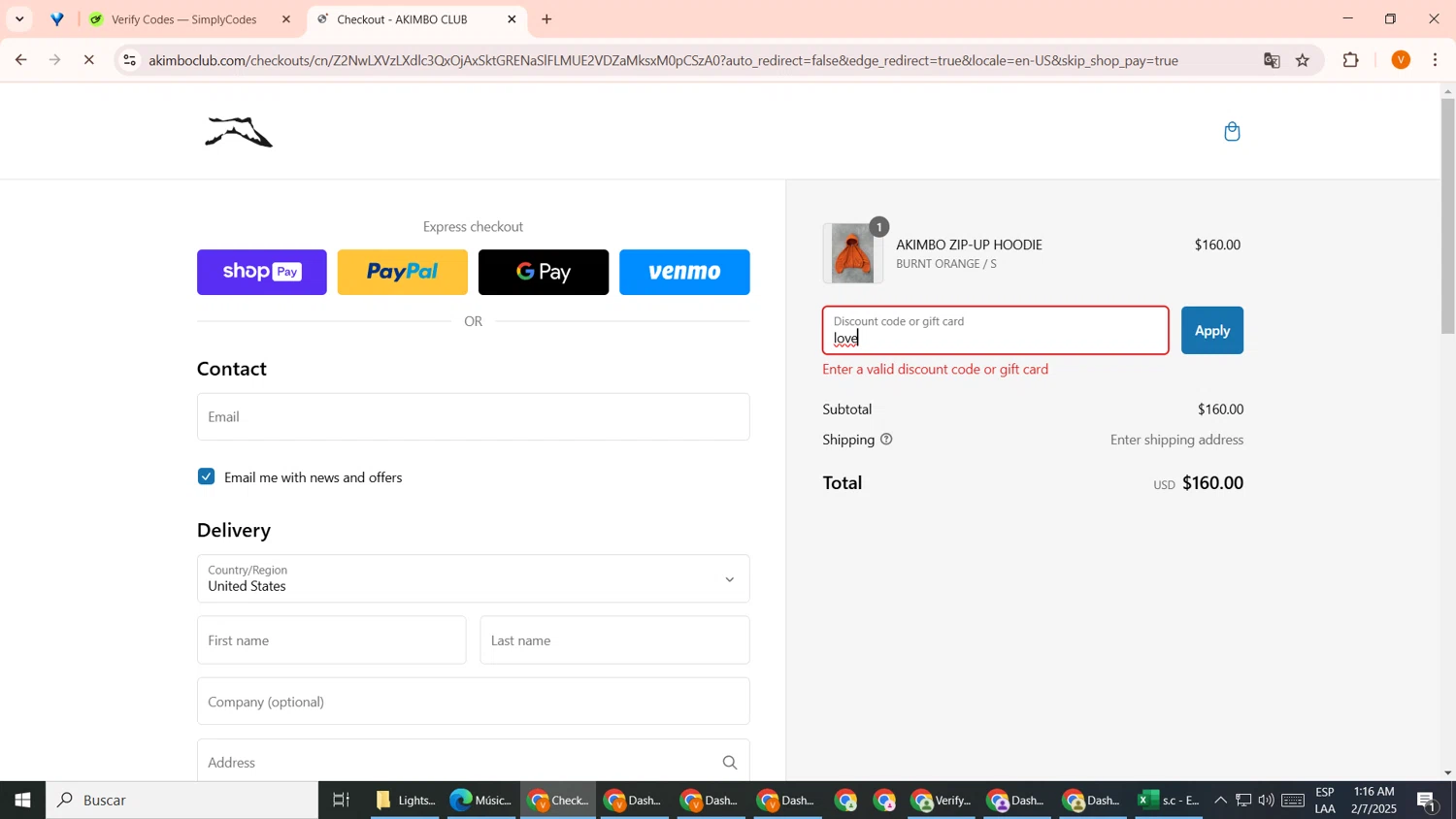 AKIMBO CLUB discount code screenshot showing code love applied at AKIMBO CLUB checkout page. Uploaded by SimplyCodes community member GoldDefender8866 on Feb 7, 2025
