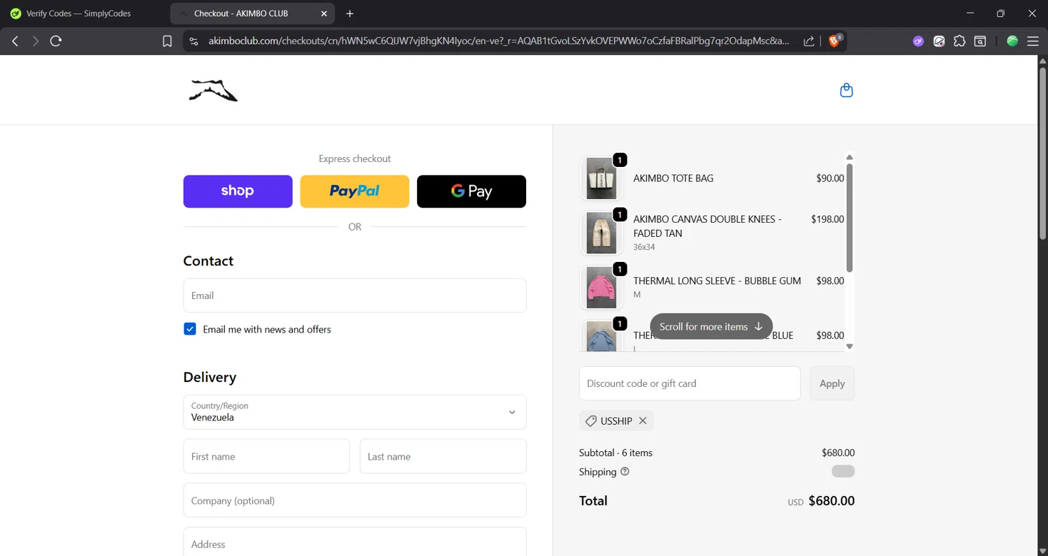 AKIMBO CLUB discount code screenshot showing code Usship applied at AKIMBO CLUB checkout page. Uploaded by SimplyCodes community member Focus_123 on Dec 1, 2025