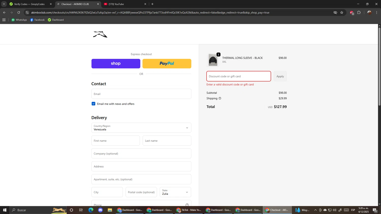 AKIMBO CLUB discount code screenshot showing code Usship applied at AKIMBO CLUB checkout page. Uploaded by SimplyCodes community member ScanShopper554 on Dec 4, 2025