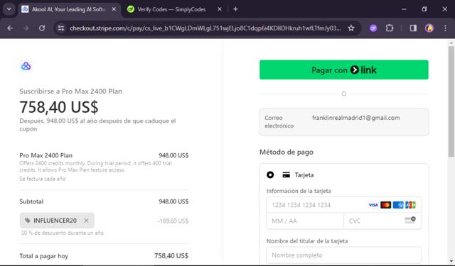 Akool checkout page showing Akool coupon code box | Screenshot taken by SimplyCodes community member on Aug 6, 2025