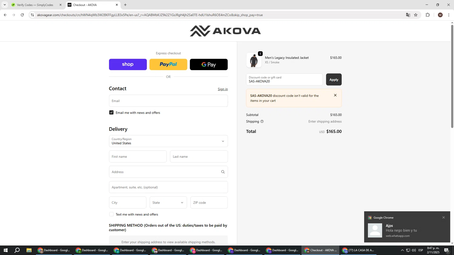 AKOVA Gear promo code screenshot showing code SAS-AKOVA20 applied at AKOVA Gear checkout page. Uploaded by SimplyCodes community member KTMCRF on Nov 3, 2025