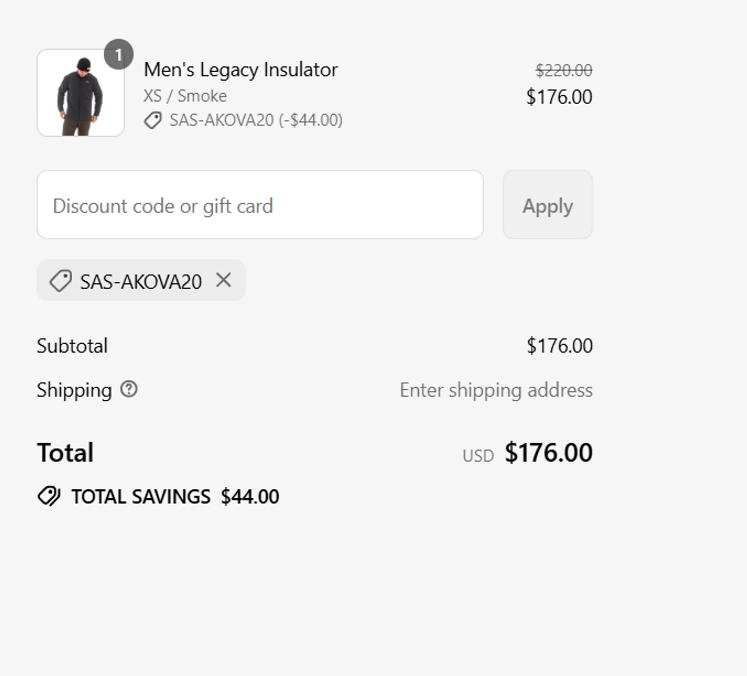 AKOVA Gear promo code screenshot showing code SAS-AKOVA20 applied at AKOVA Gear checkout page. Uploaded by SimplyCodes community member RewardCurator5232 on Aug 5, 2025