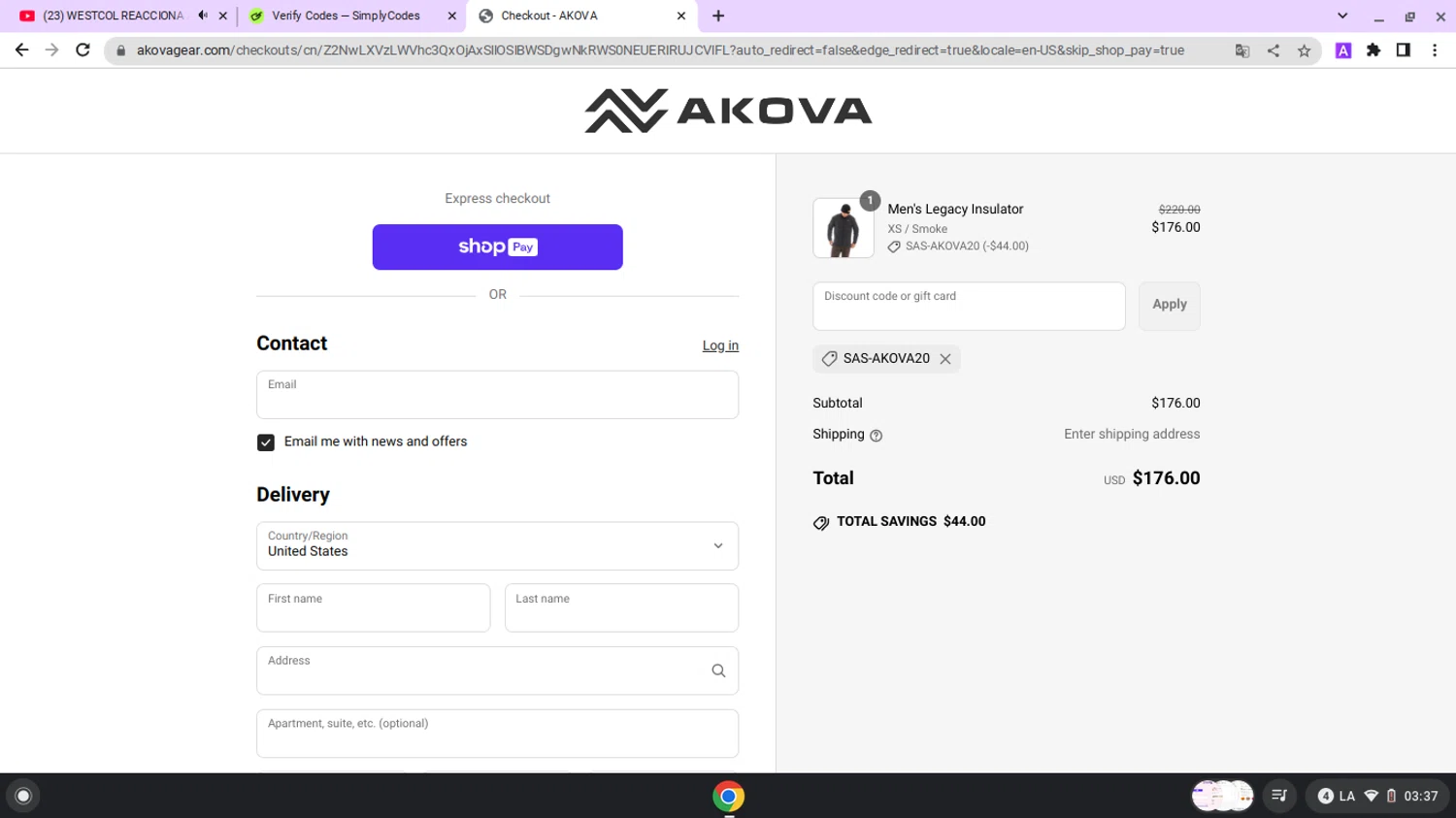 AKOVA Gear promo code screenshot showing code SAS-AKOVA20 applied at AKOVA Gear checkout page. Uploaded by SimplyCodes community member lapampita on Jun 26, 2025