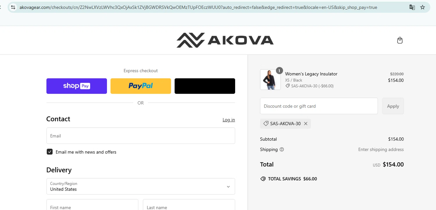 AKOVA Gear promo code screenshot showing code SAS-AKOVA-30 applied at AKOVA Gear checkout page. Uploaded by SimplyCodes community member DiscountHero6788 on Feb 25, 2025