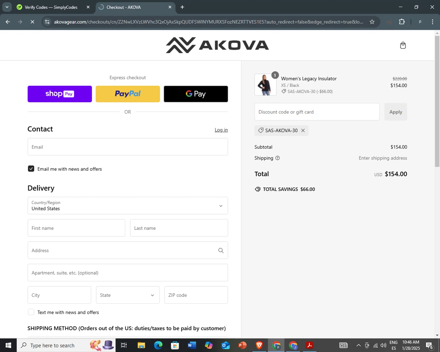 AKOVA Gear promo code screenshot showing code SAS-AKOVA-30 applied at AKOVA Gear checkout page. Uploaded by SimplyCodes community member PrimeCurator3630 on Jan 28, 2025