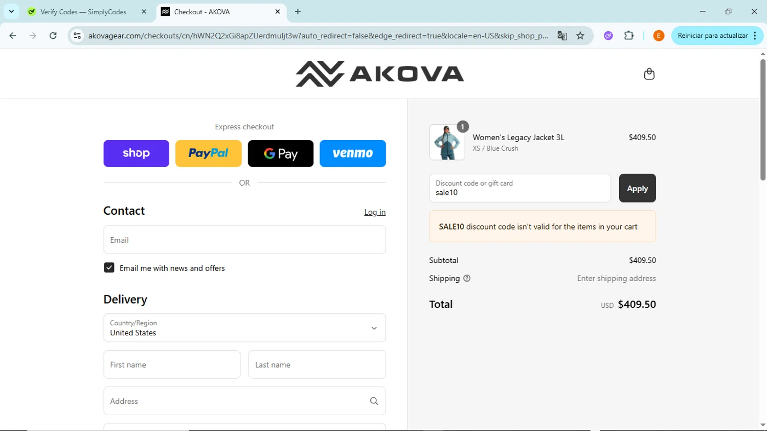 AKOVA Gear promo code screenshot showing code sale10 applied at AKOVA Gear checkout page. Uploaded by SimplyCodes community member BudgetFox5491 on Aug 31, 2025