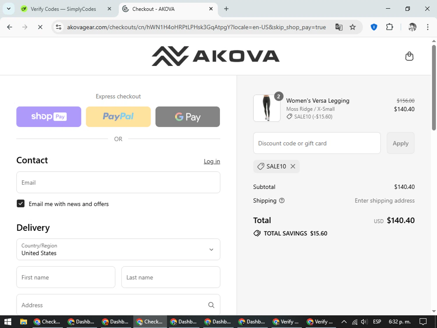 AKOVA Gear promo code screenshot showing code sale10 applied at AKOVA Gear checkout page. Uploaded by SimplyCodes community member CleverLegend6607 on Jul 31, 2025