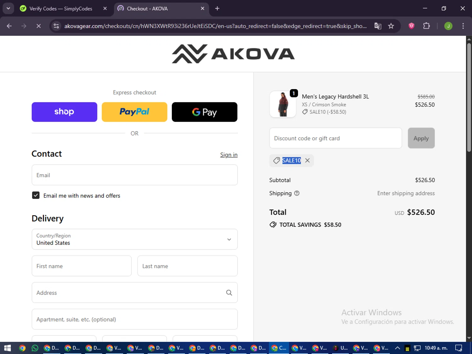 AKOVA Gear promo code screenshot showing code sale10 applied at AKOVA Gear checkout page. Uploaded by SimplyCodes community member LilBaby on Sep 29, 2025