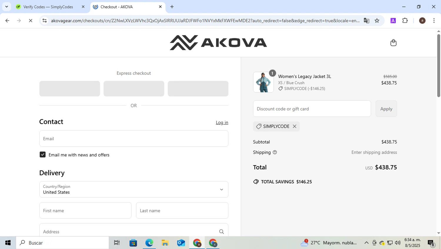 AKOVA Gear promo code screenshot showing code SIMPLYCODE applied at AKOVA Gear checkout page. Uploaded by SimplyCodes community member b3stia_1 on May 8, 2025