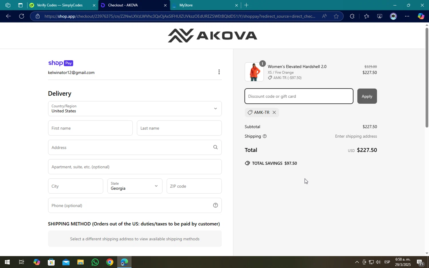 AKOVA Gear promo code screenshot showing code AMK-TR applied at AKOVA Gear checkout page. Uploaded by SimplyCodes community member SOPACONPAN on Mar 29, 2025