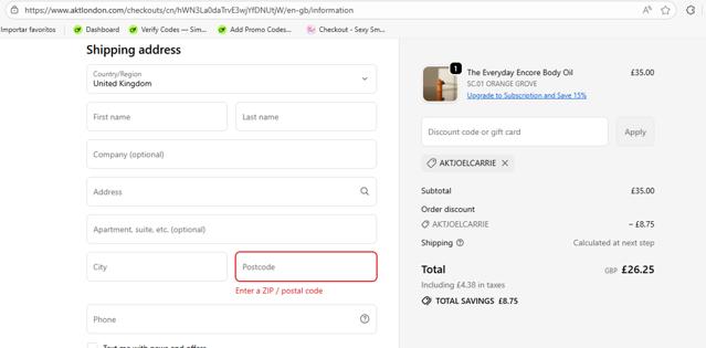 Akt London checkout page showing Akt London discount code box | Screenshot taken by SimplyCodes community member on Sep 24, 2025