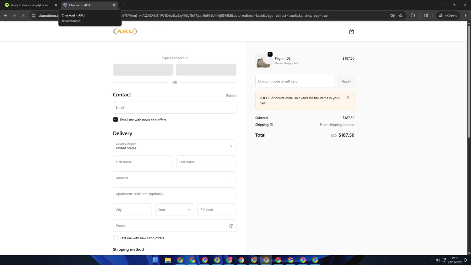 AKU Outdoor promo code screenshot showing code FOCUS applied at AKU Outdoor checkout page. Uploaded by SimplyCodes community member Kaizen on Dec 23, 2025