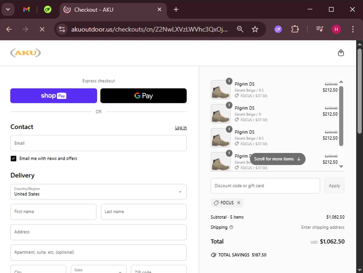 AKU Outdoor promo code screenshot showing code FOCUS applied at AKU Outdoor checkout page. Uploaded by SimplyCodes community member RewardWarden8289 on May 2, 2025