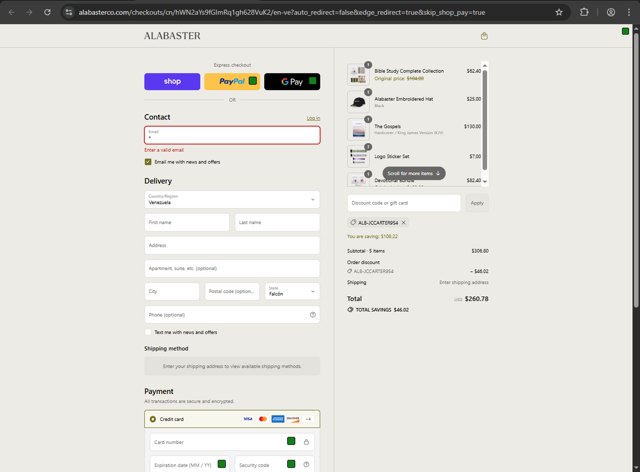 Alabaster Co. checkout page showing Alabaster Co. discount code box | Screenshot taken by SimplyCodes community member on Sep 4, 2025