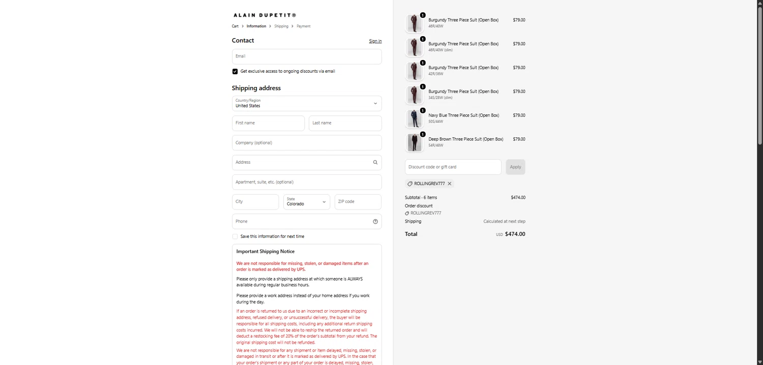 Alain Dupetit checkout page showing Alain Dupetit discount code box | Screenshot taken by SimplyCodes community member on Feb 19, 2026