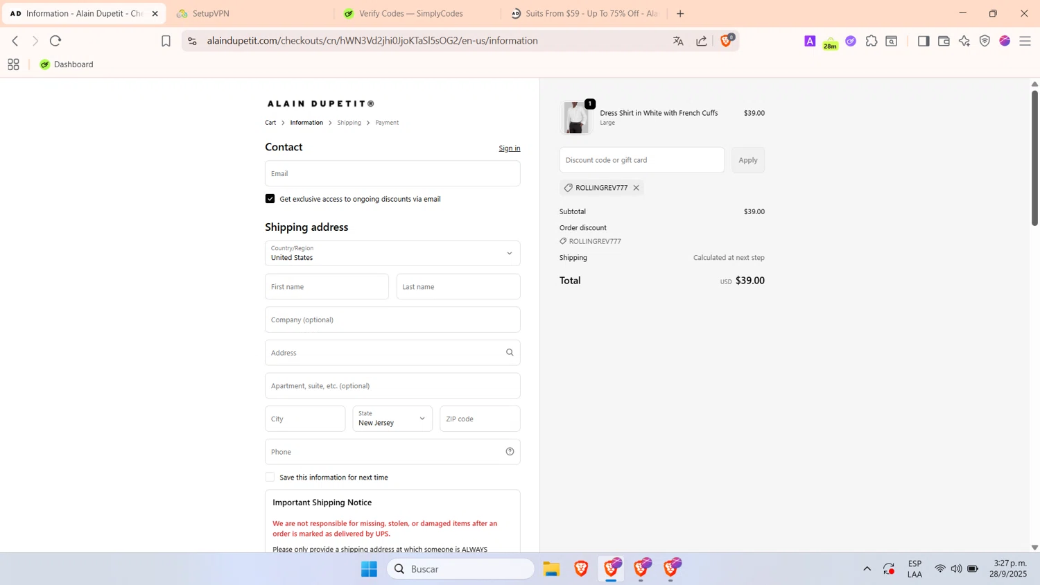 Alain Dupetit discount code screenshot showing code ROLLINGREV777 applied at Alain Dupetit checkout page. Uploaded by SimplyCodes community member TokenTitan4464 on Sep 28, 2025