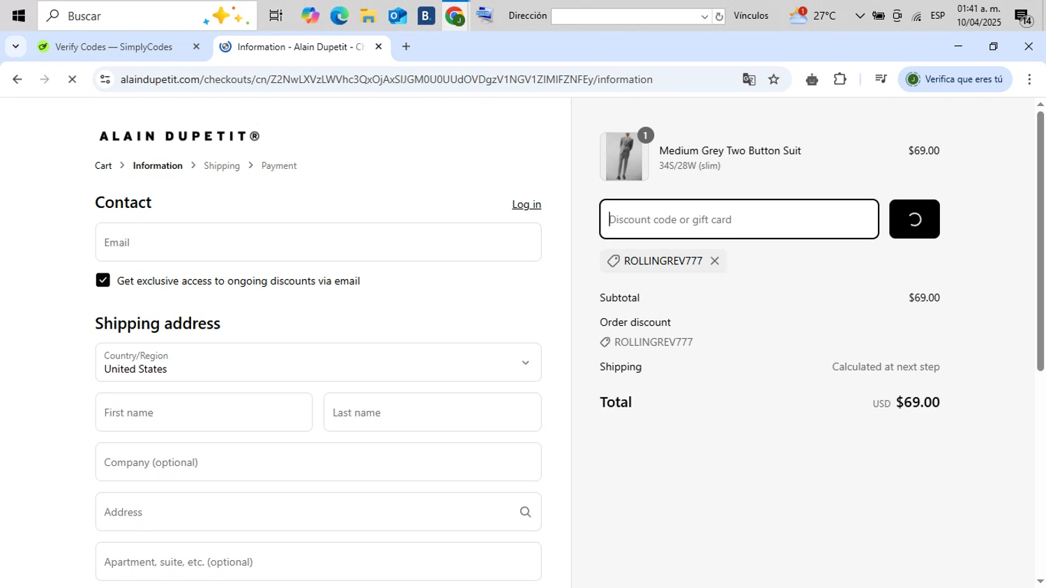 Alain Dupetit discount code screenshot showing code ROLLINGREV777 applied at Alain Dupetit checkout page. Uploaded by SimplyCodes community member CleverFinder2843 on Apr 10, 2025