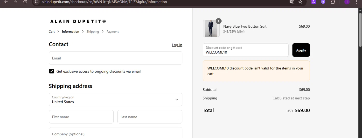 Alain Dupetit discount code screenshot showing code WELCOME10 applied at Alain Dupetit checkout page. Uploaded by SimplyCodes community member CoinMaverick1452 on Aug 17, 2025