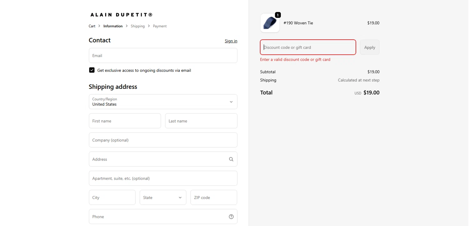 Alain Dupetit discount code screenshot showing code AD129 applied at Alain Dupetit checkout page. Uploaded by SimplyCodes community member MagnifiHero3476 on Jan 8, 2026