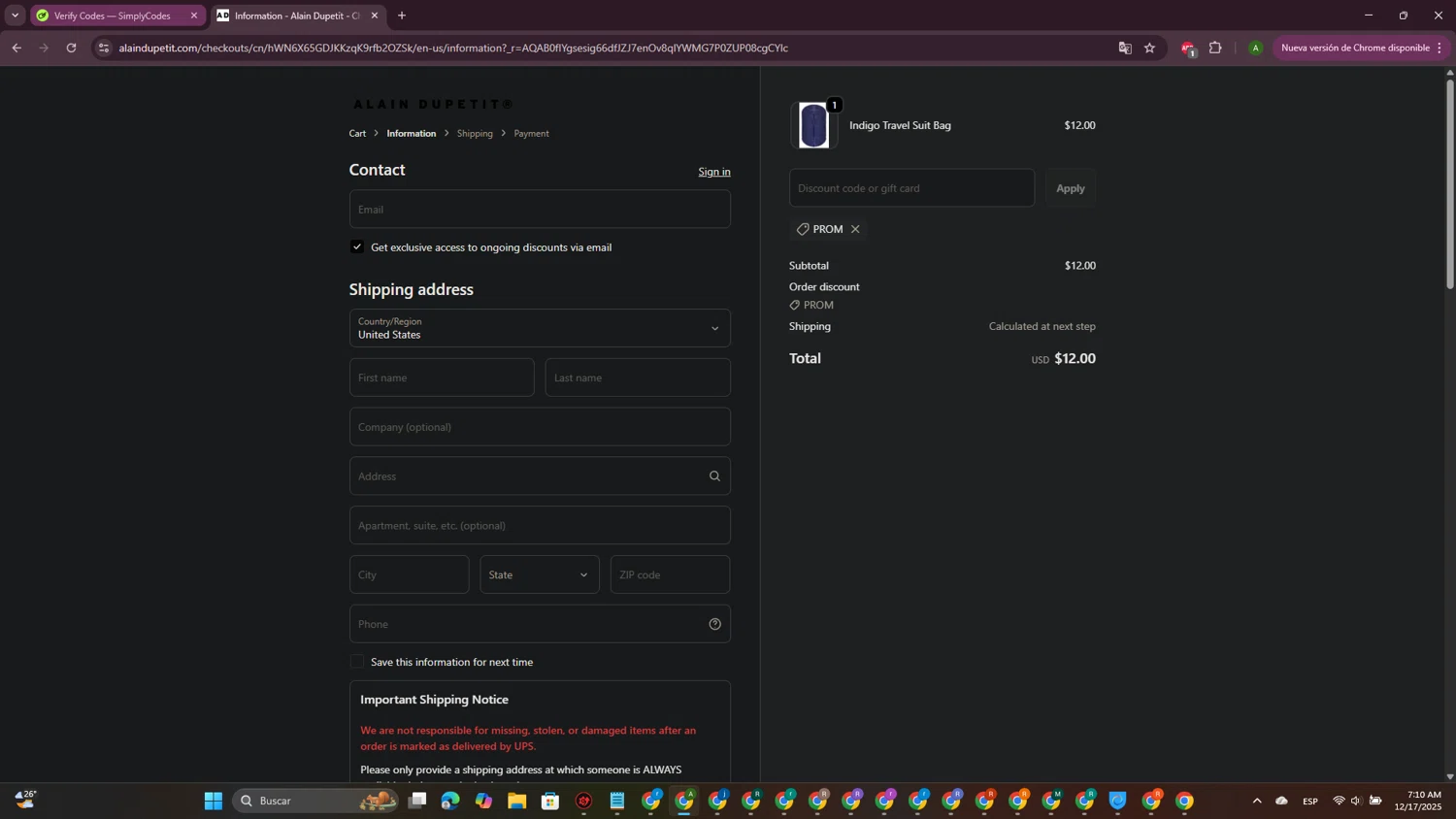 Alain Dupetit discount code screenshot showing code PROM applied at Alain Dupetit checkout page. Uploaded by SimplyCodes community member CrownPioneer7057 on Dec 17, 2025