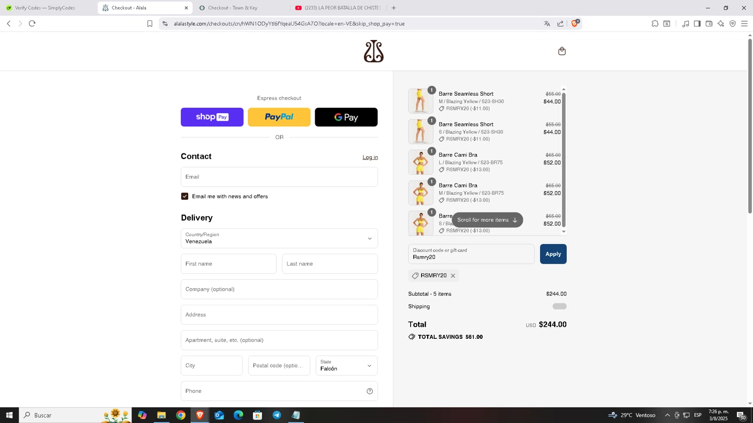 Alala promo code screenshot showing code Rsmry20 applied at Alala checkout page. Uploaded by SimplyCodes community member Carloscoder_900457733 on Aug 3, 2025