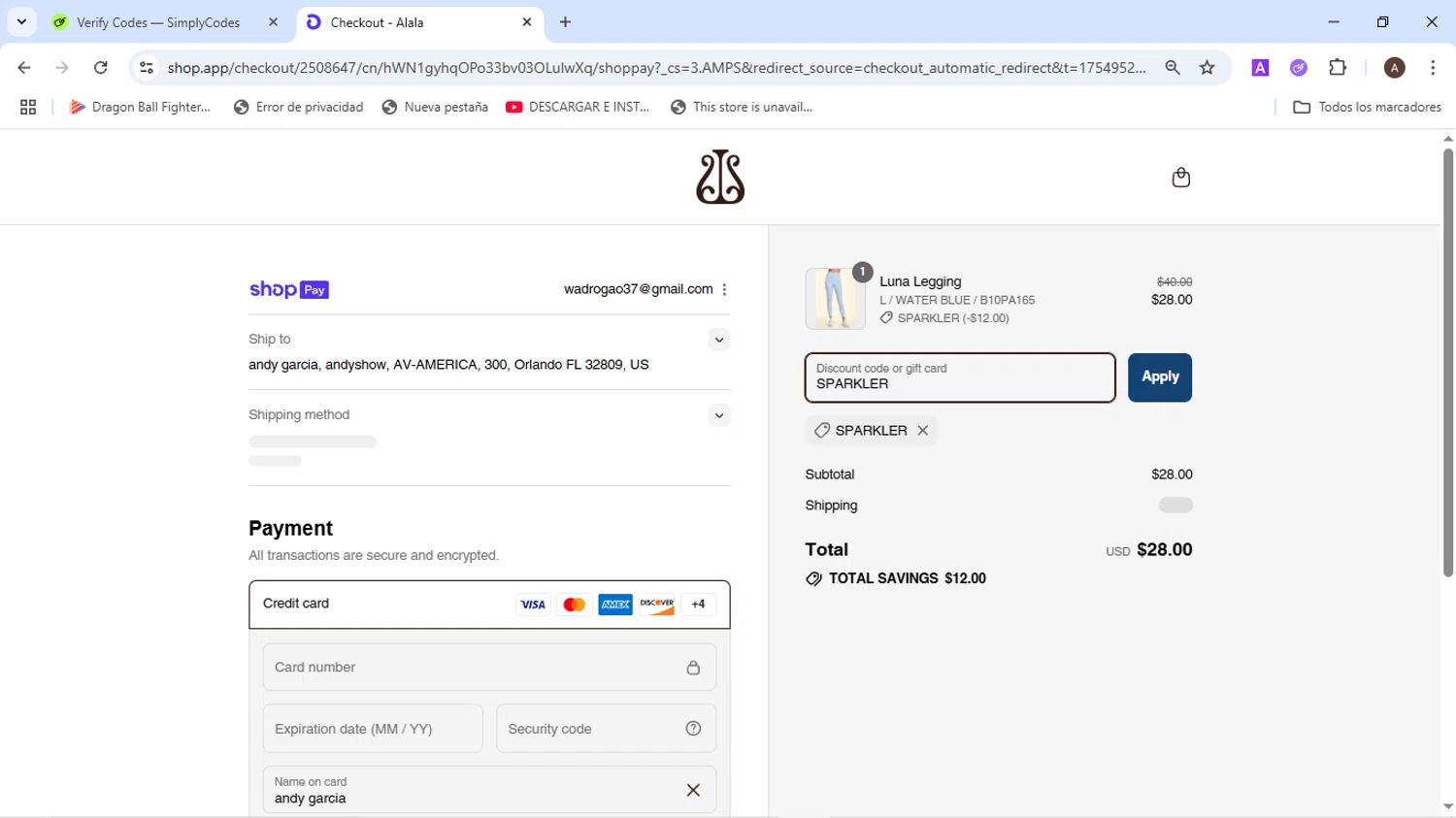 Alala promo code screenshot showing code SPARKLER applied at Alala checkout page. Uploaded by SimplyCodes community member BudgetMaven6078 on Aug 11, 2025