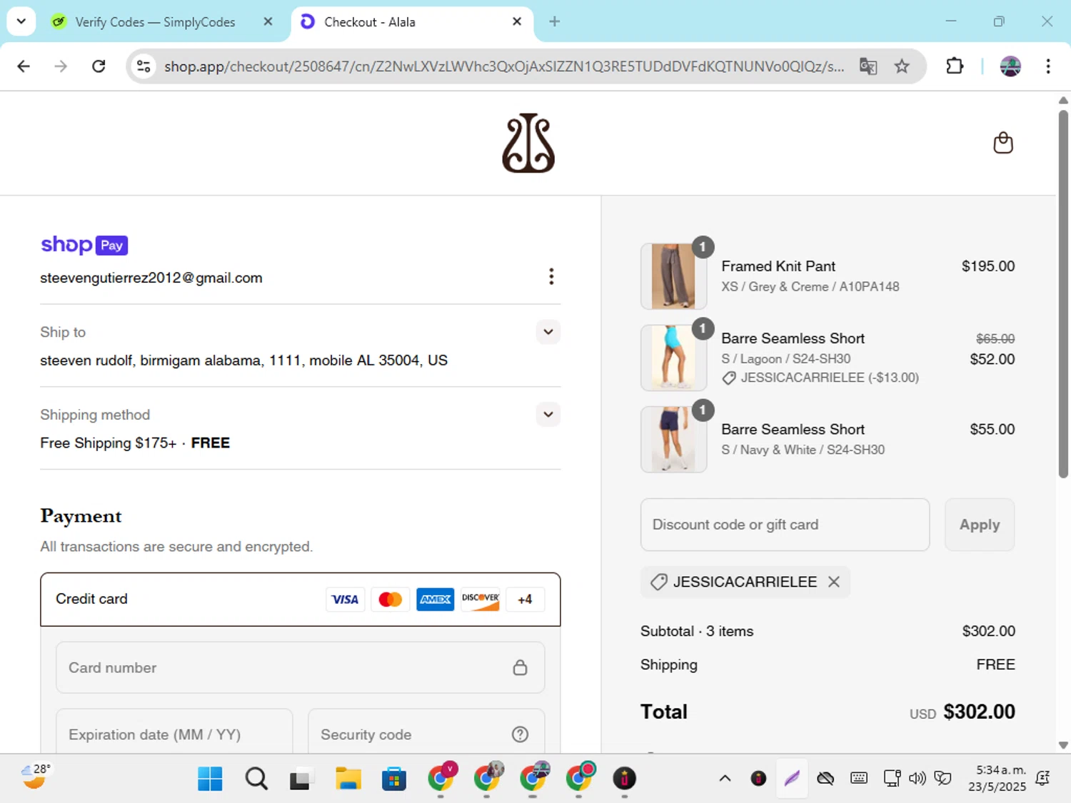 Alala promo code screenshot showing code JESSICACARRIELEE applied at Alala checkout page. Uploaded by SimplyCodes community member DiscountGenius6081 on May 23, 2025