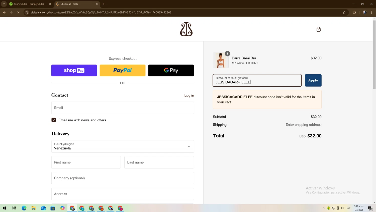 Alala promo code screenshot showing code JESSICACARRIELEE applied at Alala checkout page. Uploaded by SimplyCodes community member zadquiel on Mar 1, 2025